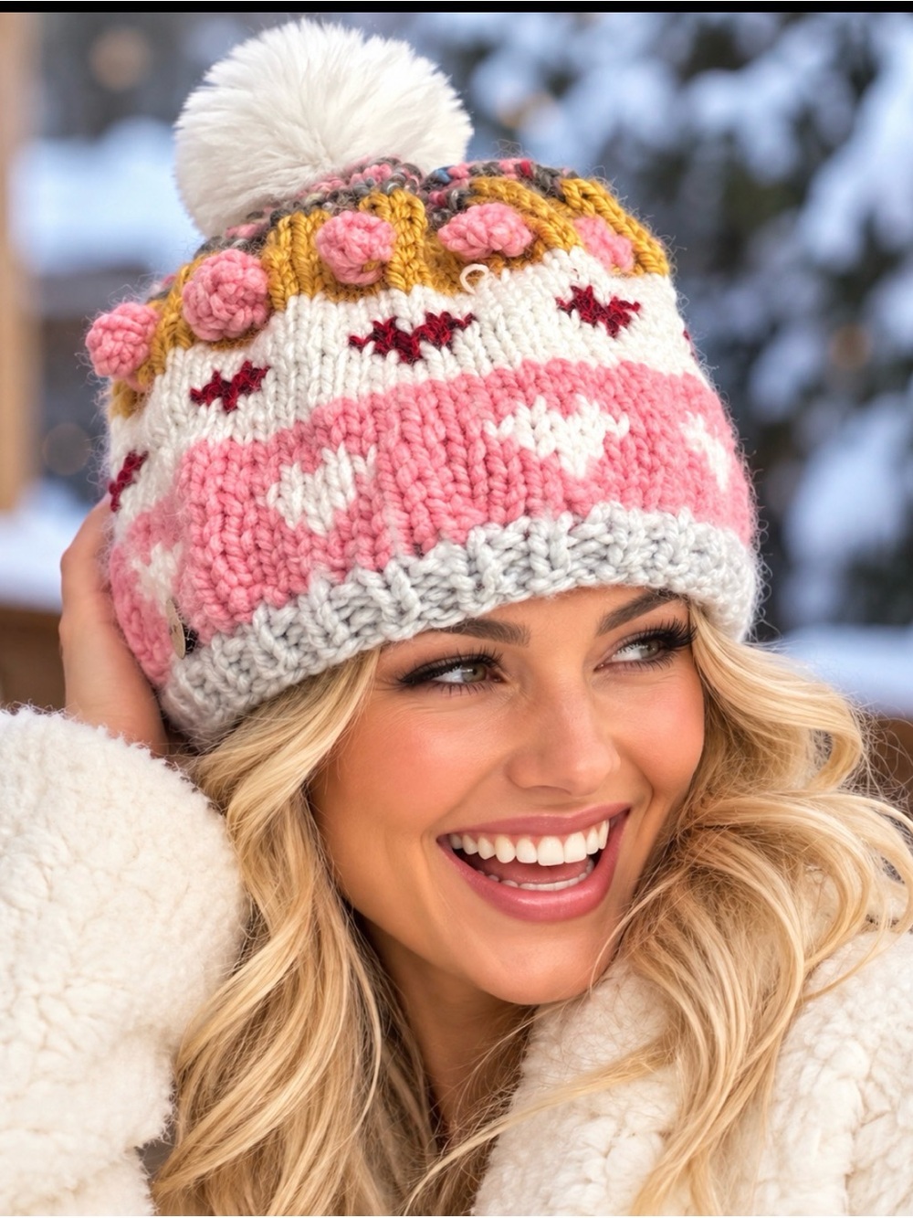 Bannie Winter Hat Designer “ Hand Knits 2 Love” Hearts Bubbles Faux Fur Pom Pom